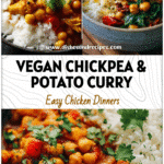 A bowl of colorful Indian Vegetarian Meal With Rice And Curry featuring Vegan Chickpea Curry and golden basmati rice.